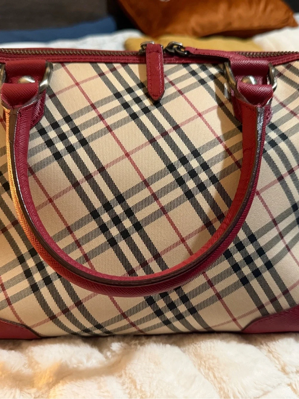 Burberry Nova Check Red Leather Turn-Lock Satchel Bag Vintage